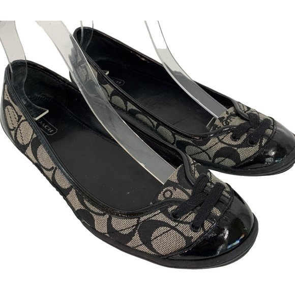 Womens 7.5 Coach Dannie Ballet Flats Shoes Monogram Patent Leather Black 6539 - Picture 12 of 16